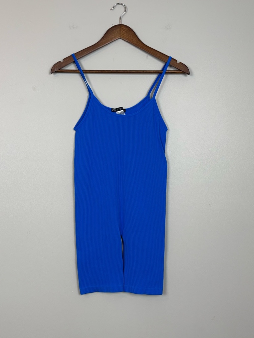 Zara Romper Womens M/L Blue Ribbed Active Spaghetti Strap Stretch Mid Thigh